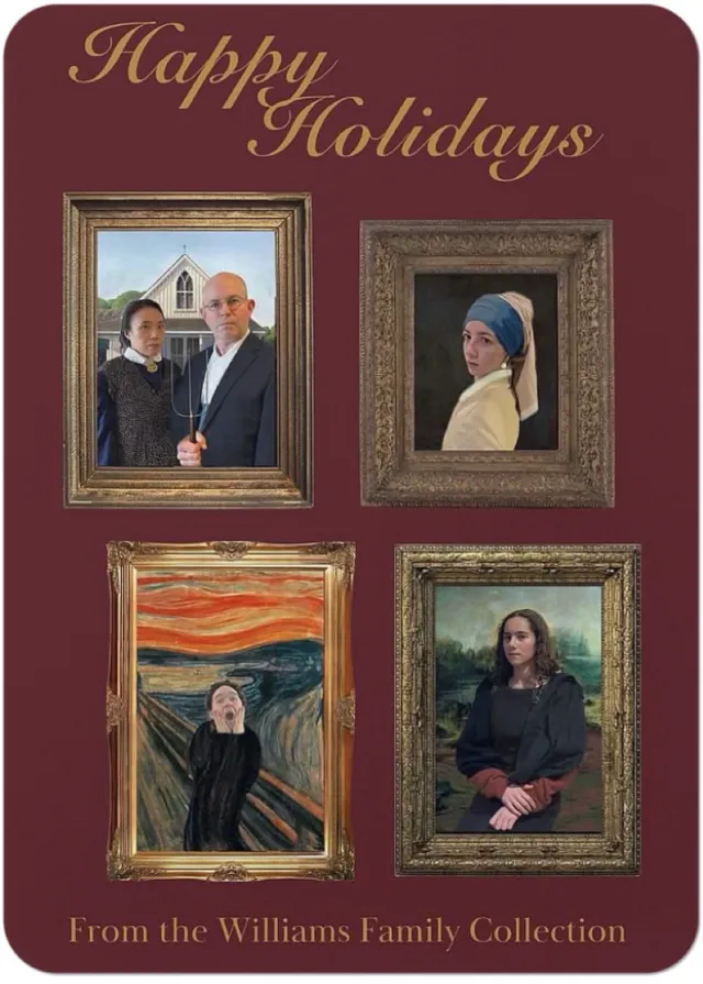 A family Christmas card with Kellan edited in as the Scream painting, by older sibling Cassia.