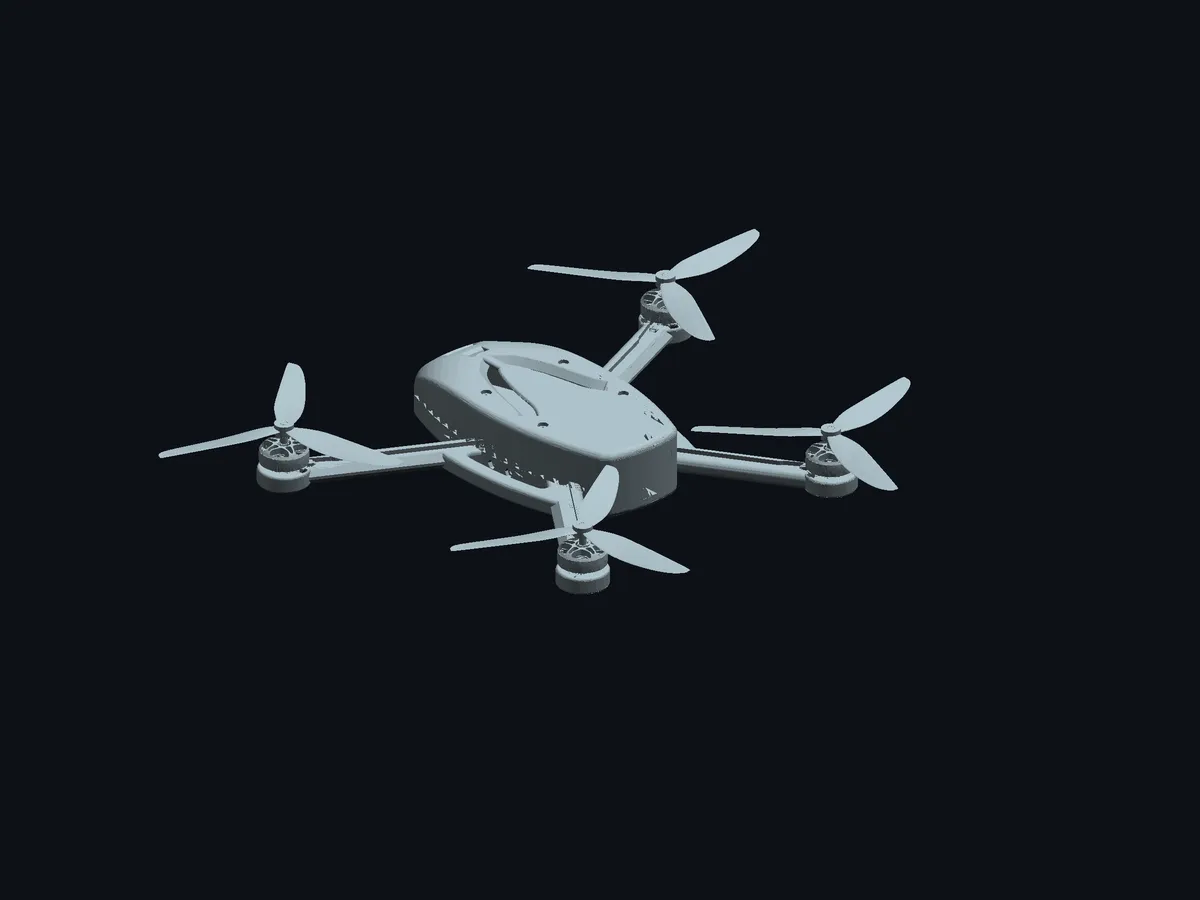 The FPV camera drone v3 CAD assembly: airfoiled arms, four motors, three-blade props, and a central body cage.