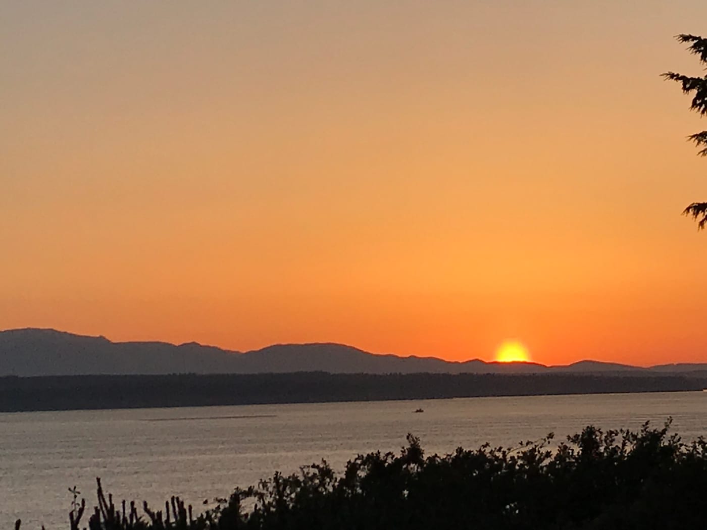 Orange sun sinking to the horizon over dark water.