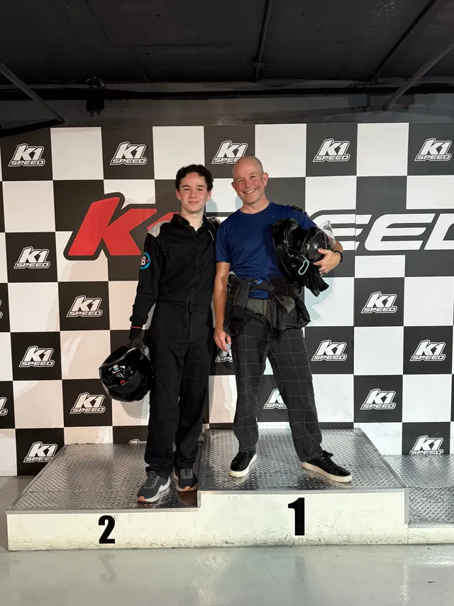 Kellan and his dad after a karting session.