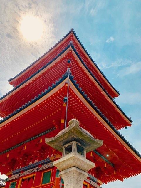 Red pagoda eaves against a clear blue sky.