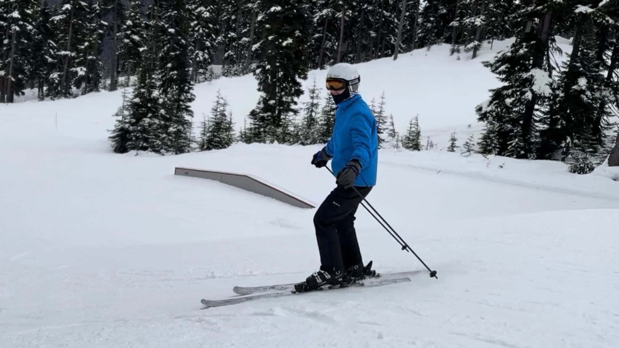 Kellan skiing between snow-covered trees.