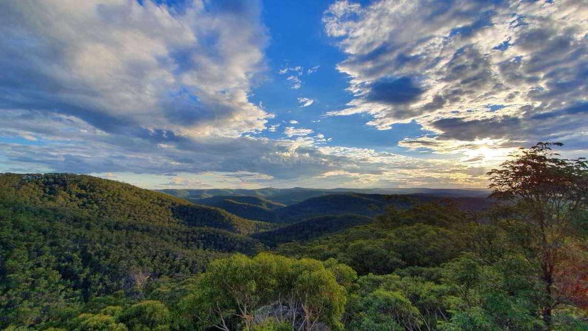 Forested hills rolling to the horizon under patterned clouds.