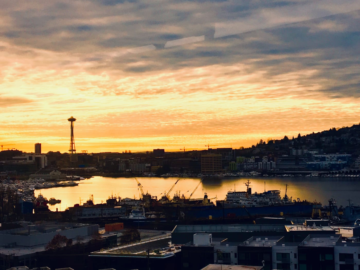 Amber sky over the Seattle waterfront.